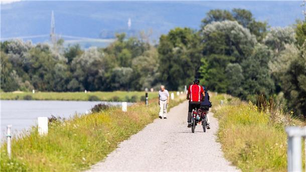 Auf herbstliches Wetter folgt der Spätsommer Zwei Radfahrer fahren neben dem Rhein auf einem Weg entlang.
