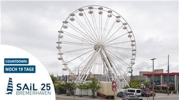 Ein Riesenrad steht in einer Stadt. Der Himmel ist bedeckt.